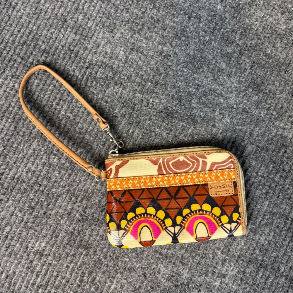 Fossil Key-Per Zip Wristlet Wallet Multicolor Boho Geometric Print Card Holder
